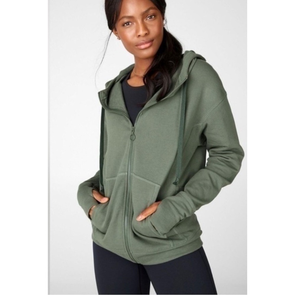Fabletics Olive Green Full Zip Hoodie Thumbholes Athleisure‎ Women's XS